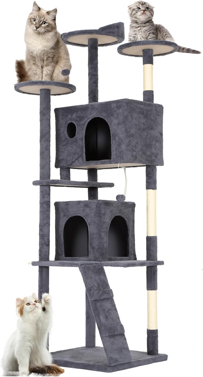 FDW Cat Tree Tower 81in Multi-Level Durable Cat Scratching Post & Cozy Fun Jumping Platform Space Saving Condo Pet Play House for Indoor Cats,Dark Gray-PurrikoPets
