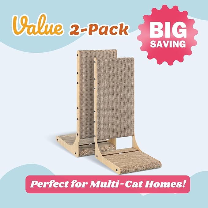 2-Pack Cat Scratching Board, 25.6'' Tall Cardboard L Shape Vertical Cat Scratchers for Indoor Cats, Cat Scratching Post for Wall and Couch, Large-PurrikoPets