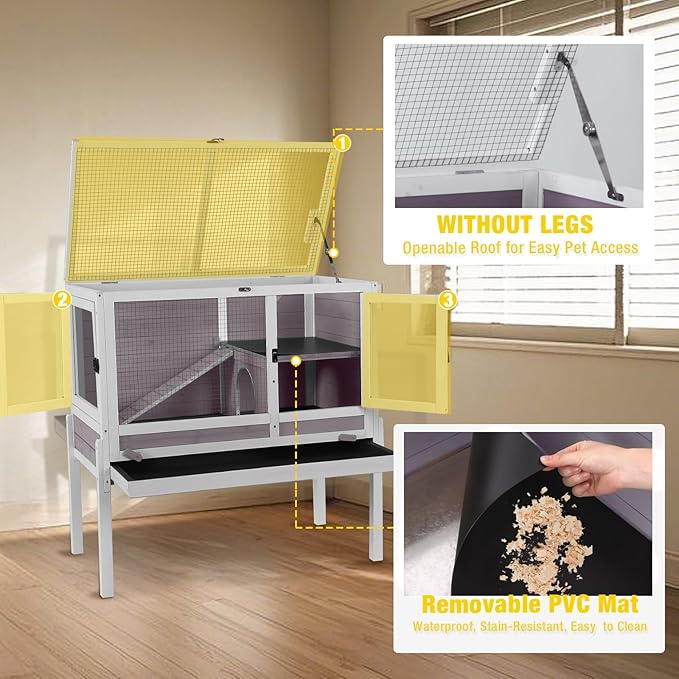 Aivituvin 2-Story Rabbit Hutch with Anti-Chew Ramp & Zinc Sheet - 36.6" Indoor Guinea Pig Cage, Wooden Stand, Pull-Out Tray & Leakproof Floor (Grey)-PurrikoPets