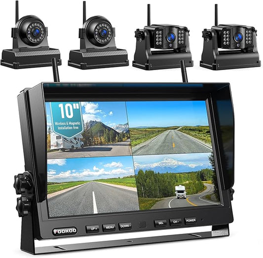 Fookoo 1080P 10" Magnetic Wireless Backup Camera 10" HD Split Screen Monitor,Rechargeable 2 Side View 2 Rear View Cameras,Low Consumption 1-Min DIY Install No Drilling for RV Trailer Truck DCX104-PurrikoPets
