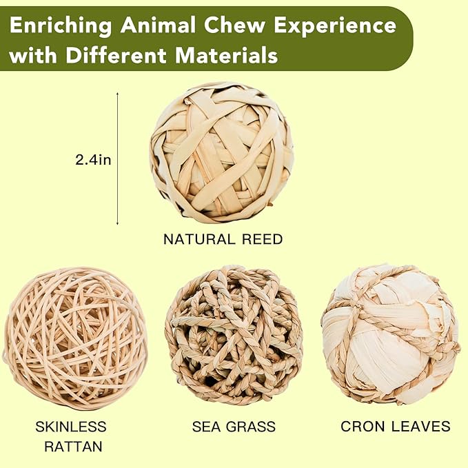 8 Pack Small Pet Chew Toys - 7cm Natural Woven Balls for Rabbits, Guinea Pigs, Hamsters (2 Seagrass, 2 Rattan, 2 Corn Husk, 2 Seaweed Rope) - Safe Dental Grinding Toys-PurrikoPets