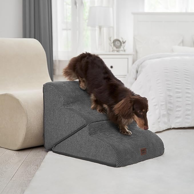 EHEYCIGA Curved Foldable Dog Stairs Ramp for Small Dogs 16" H, 3-Step Dog Steps for Couch Sofa and Chair, Pet Stairs for Cats, Non-Slip Balanced Pet Steps Indoor, Grey-PurrikoPets