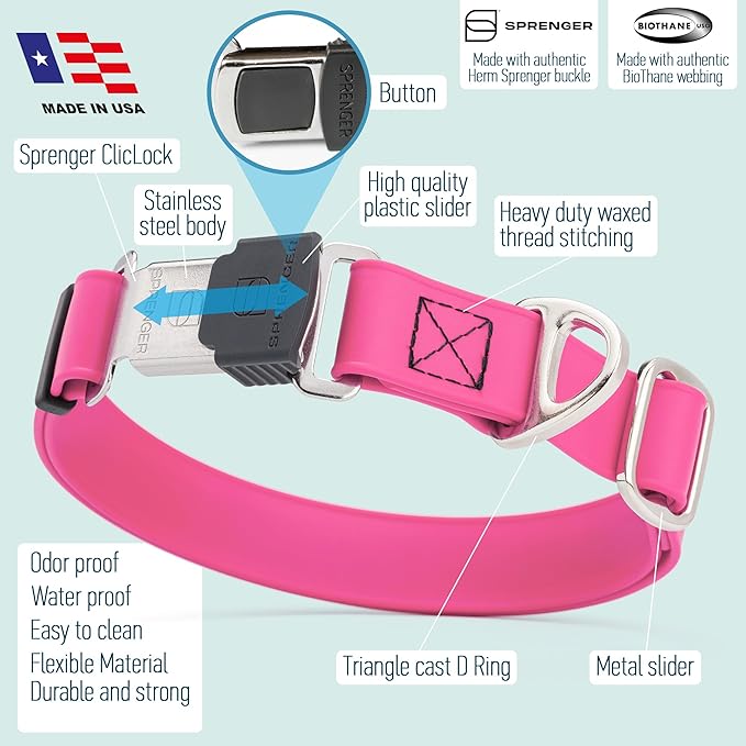 Dogline Biothane Waterproof Dog Collar with Herm Sprenger Black Stainless Steel Quick Release Buckle – Heavy Duty Tactical Durable Collar for Dogs – Comfortable and Safe Pet Collar W 1" L 15-25" Pink-PurrikoPets