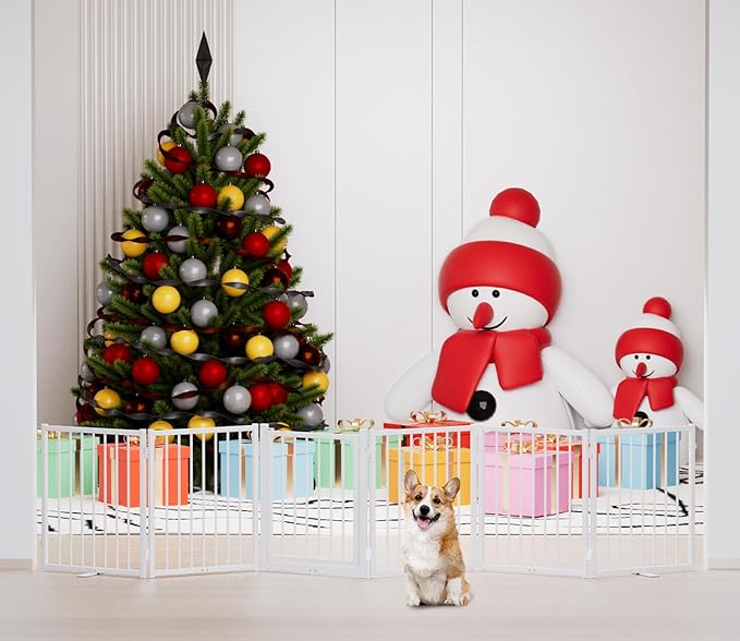 Full Metal Freestanding Dog Gate with Door, 24'' Height Foldable Pet Dog Fence for Indoor & Outdoor, 6 Panels Extra Wide Free Standing SmallDog Gates for Doorways,House,Stairs,Porch,Deck,Yard-PurrikoPets