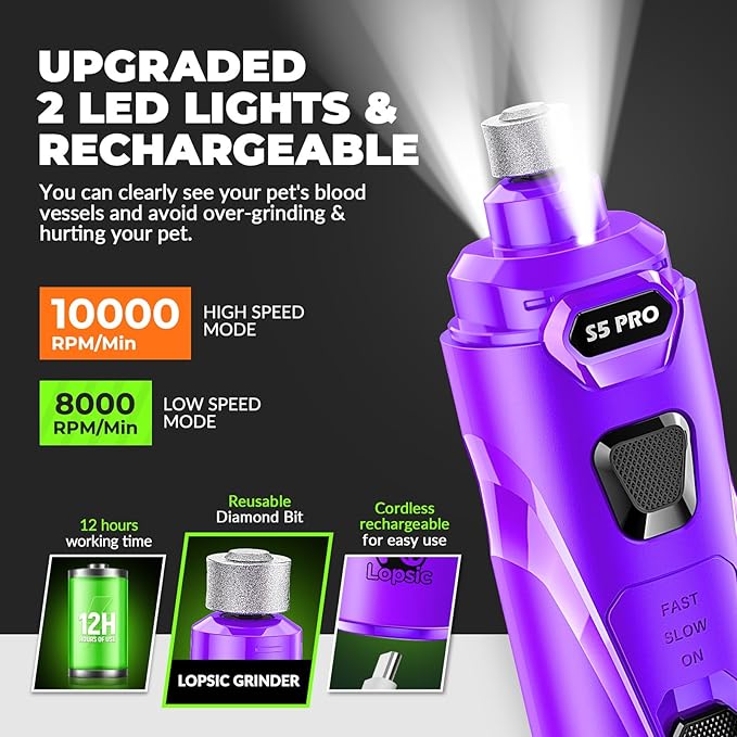 Dog Nail Grinder with 2 LED Lights Powerful 2 Speeds Super Quiet Dog Nail Trimmers with 3 Grinding Wheels Rechargeable Pet Dog Nail Clippers for Large Medium Puppy Dogs Dog Nail File Cat Nail Clipper-PurrikoPets