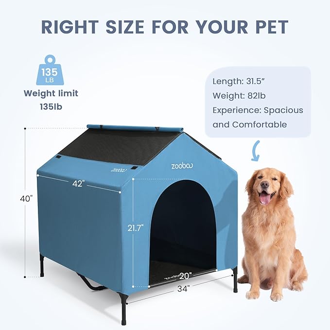 42" 2-in-1 Dog House for Medium Dogs, Elevted Dog House Outdoor/Indoor, Puppy Shelter Outside,Water Resistant 600D PVC and Durable 2x1 Textilene Raised Dog Bed(Blue)-PurrikoPets