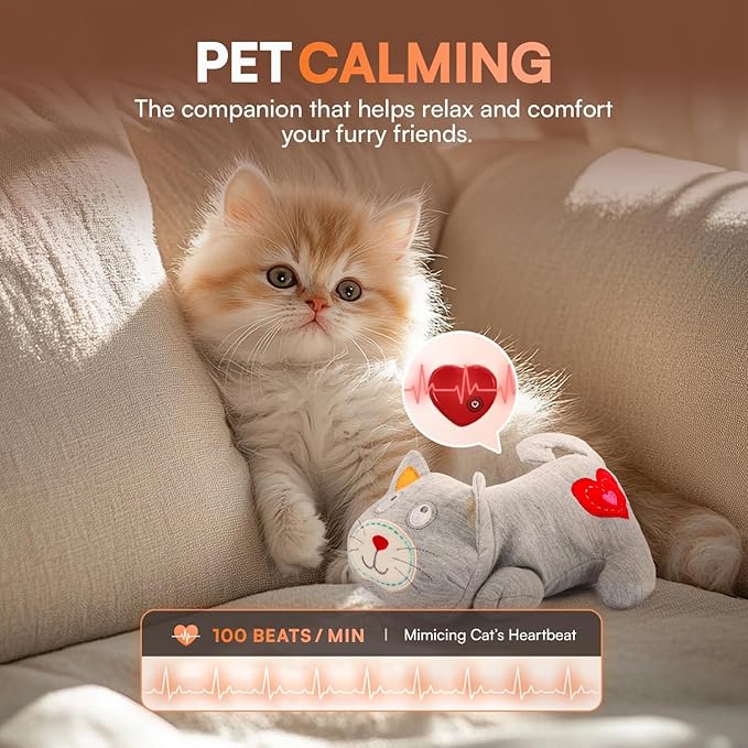 ALL FOR PAWS Heartbeat Cat Plush Toy – Calming Kitten Companion with Realistic Heartbeat, Anxiety Relief for Indoor Cats Dogs Pets-PurrikoPets