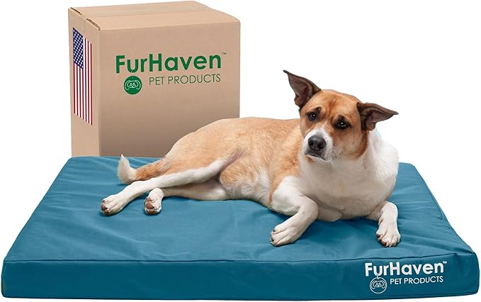 Furhaven Water-Resistant Cooling Gel Dog Bed for Large/Medium Dogs w/ Removable Washable Cover, For Dogs Up to 55 lbs - Indoor/Outdoor Logo Print Oxford Polycanvas Mattress - Deep Lagoon, Large-PurrikoPets
