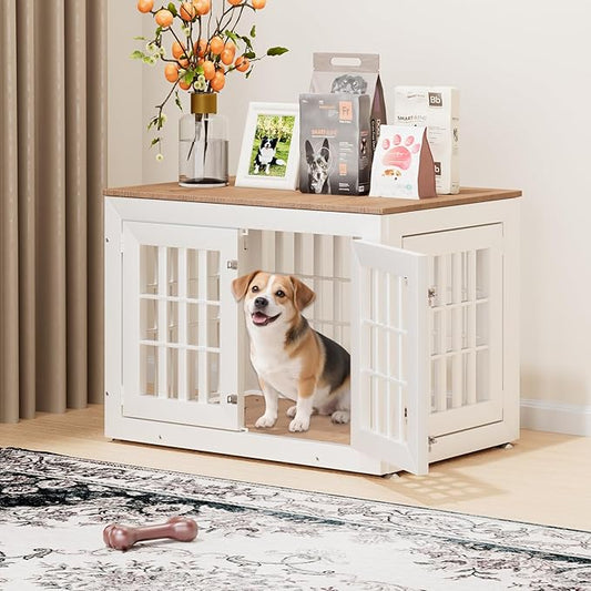 38" Heavy Duty Dog Crate Furniture for Small,Medium and Large Dogs,Rustic Wooden Dog Cage Kennel Indoor Furniture with Waterproof Top,Decorative Pet House Side End Table (White & Wood)-PurrikoPets
