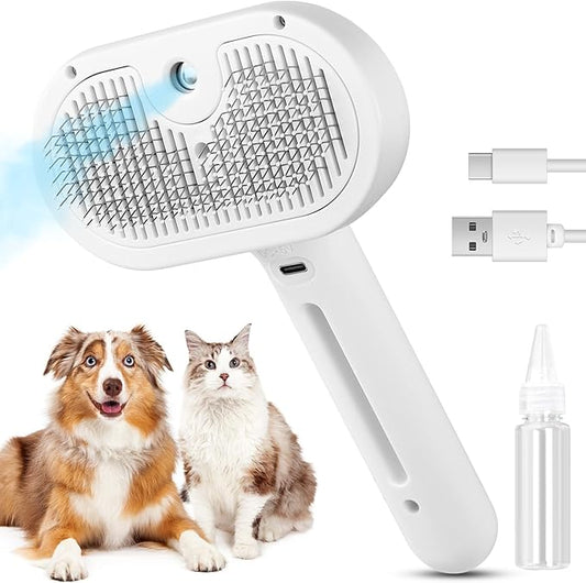 3 in 1 Cat Steam Brush, Pet Steam Brush for Cat Dog Long Short Haired, Pet Spray Hair Removal Comb for Small Animals Shedding & Grooming, Water Mist Spray Brushes with Release Button(White)-PurrikoPets
