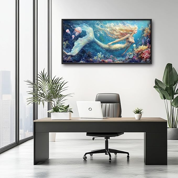 Extra Large Framed Mermaid Wall Art,Oversized Undersea Ocean Wall Decor,Colorful Coral Reefs Pictures for Living Room,Elegant Canvas Print Painting Modern Artwork Bedroom Bathroom 60L x 30W-PurrikoPets