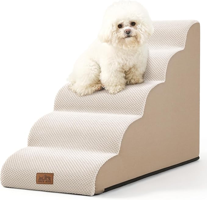 Dog Stairs for Small Dog 22.6" H, Curved Pet Step for Puppy, Older Cat, Medium Pet Ramp for High Bed, Ladder with High Density Foam, Durable, 5 Step, 15.7x33x22.6 inch, Beige-PurrikoPets