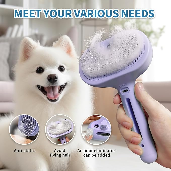 3 in 1 Steam Cat Brush for Shedding - Self-Cleaning Dog Grooming Tool for Long and Short Hair Pets - Removes Static, Flying Hair, and Loose Fur (Purple)-PurrikoPets