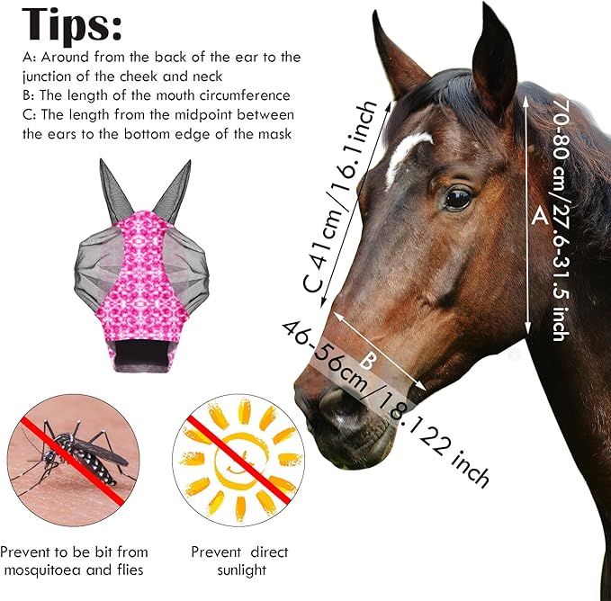 Frienda 4 Pieces Horse Fly Masks with Ears Face Covering UV Protection from Insect Pests Elasticity Smooth Comfortable Mesh Horse Mask Accessories(Tie-dye,Medium)-PurrikoPets
