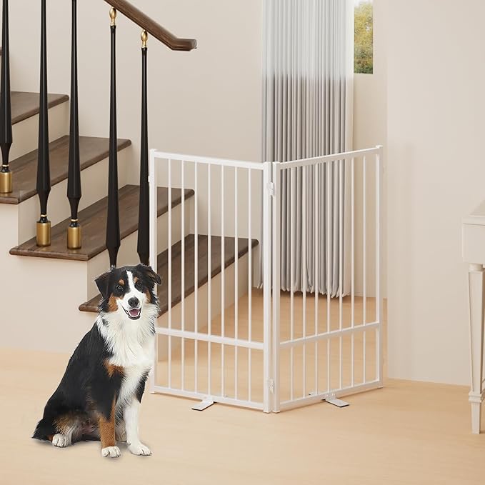 Full Metal Freestanding Dog Gate with Door, 36''Height Foldable Pet Dog Fence for Indoor & Outdoor, 2 Panels Extra Wide Free Standing TallDog Gates for Doorways,House,Stairs,Porch,Deck,Yard-PurrikoPets