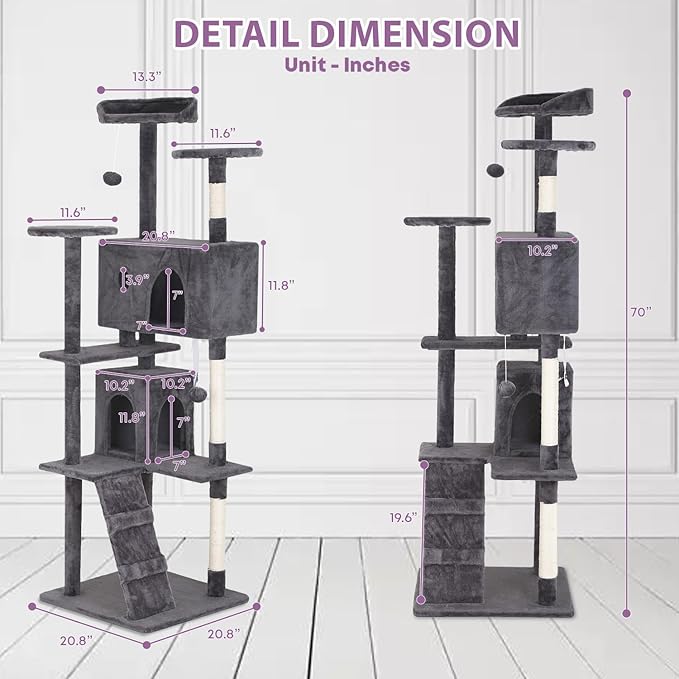 70 inches Cat Tower for Indoor Cats Multi-Level Cat Condos for XL Cat Tree Cat Climbing Tower with Scratching Posts, Hanging Toys,Light Gray-PurrikoPets