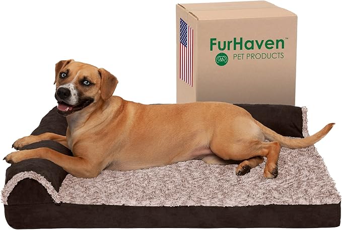 Furhaven Cooling Gel Dog Bed for Large/Medium Dogs w/ Removable Bolsters & Washable Cover, For Dogs Up to 55 lbs - Two-Tone Plush Faux Fur & Suede L Shaped Chaise - Espresso, Large-PurrikoPets
