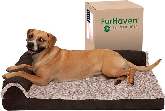 Furhaven Cooling Gel Dog Bed for Large/Medium Dogs w/ Removable Bolsters & Washable Cover, For Dogs Up to 55 lbs - Two-Tone Plush Faux Fur & Suede L Shaped Chaise - Espresso, Large-PurrikoPets