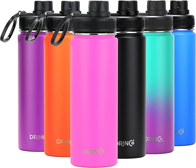 DRINCO Stainless Steel Water Bottle Spout Lid Vacuum Insulated Double Wall Water Bottle Wide Mouth (40oz 32oz 22oz 18oz 14oz) Leak Proof Keep Cold Sport Camping Hiking (22 oz, 22oz Island Pink)-PurrikoPets