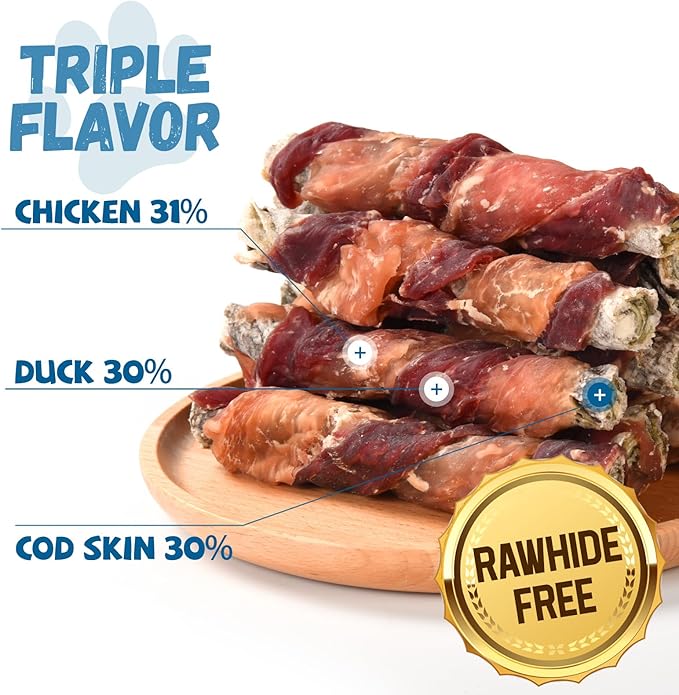 Dog Treats Chicken Duck Wrapped Cod Skin Sticks, Rawhide-Free, Grain-Free Dog Chewy Treats for Healthy Teeth and Coat,Training Treats for Small Medium Large Dogs, 9-10 Counts-PurrikoPets