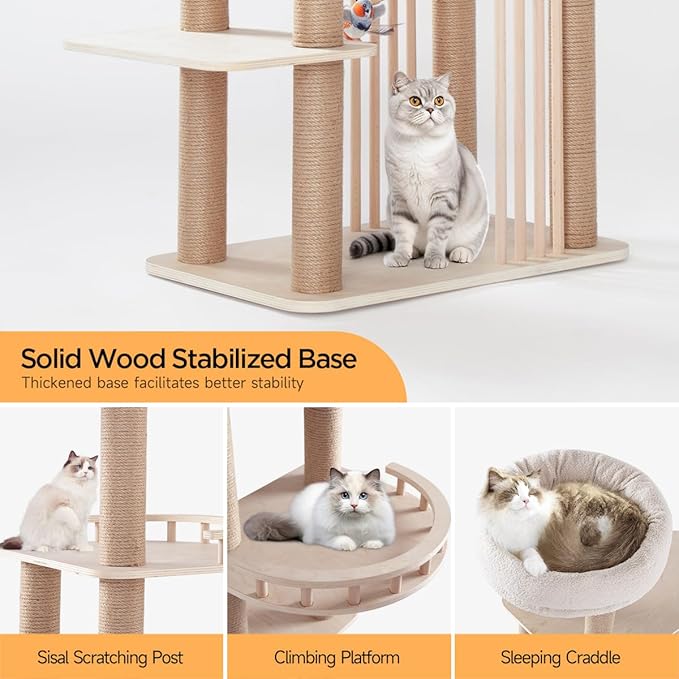 68" Large Cat Tree, Solid Wood Multi-Level Cat Tower with Scratching Posts, Fun Toys, and Washable Plush Platform for Indoor Cats-PurrikoPets