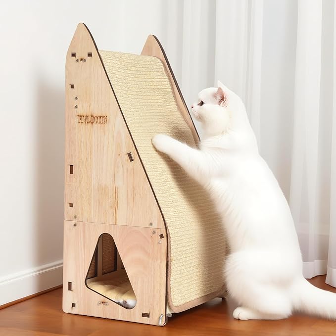 24in Multi-Functional Cat Furniture: Sisal Scratching Posts & Sturdy 3D Wood Frame for Indoor Cats, Integrated Cat Condo Hideout Tunnel All-in-One Space Saver for Multi-Cat & Budget-Friendly-PurrikoPets