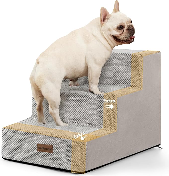 Dog Stairs for Small Dogs & Cats, 3-Step Extra Wide Non-Slip Pet Steps for Couch Sofa and Chair, Light Grey, 15.7" H-PurrikoPets