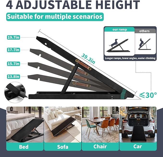 Dog Ramp for Bed, Adjustable Pet Ramps for Dog to Get on Bed, Non-Slip Rubber Surface - Folding Wooden Dog Ramp for Small/Large/Old Dogs, Adjustable up to 19.5 inch High Beds-PurrikoPets