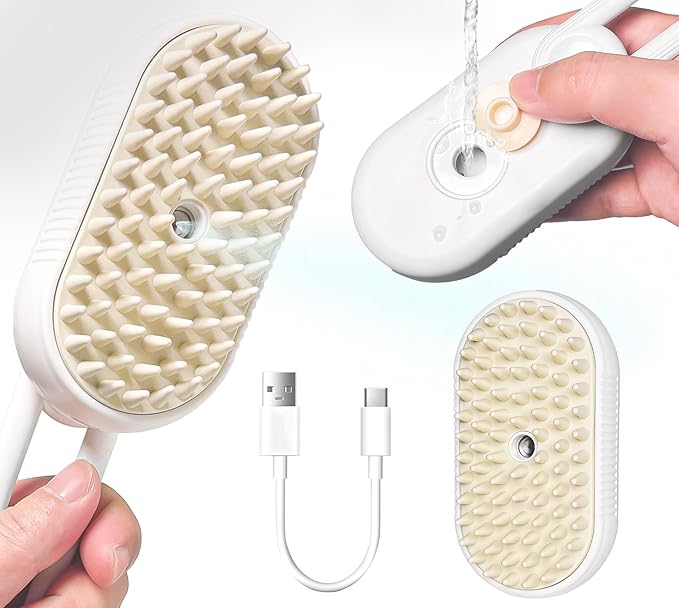 3-in-1 Rechargeable Steam Brush for Cats & Dogs - Anti-Static Spray Pet Grooming Brush with Warm Mist Massage, Hair Shedding Control, Detangling Comb & Cleaning Tool for Effective Deshedding-PurrikoPets