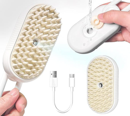 3-in-1 Rechargeable Steam Brush for Cats & Dogs - Anti-Static Spray Pet Grooming Brush with Warm Mist Massage, Hair Shedding Control, Detangling Comb & Cleaning Tool for Effective Deshedding-PurrikoPets