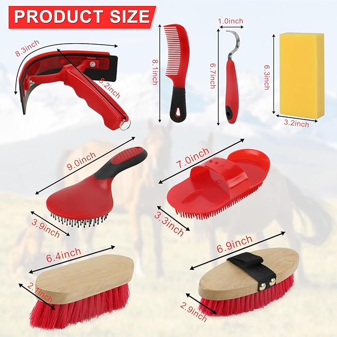 9 Pieces Grooming Kit with Tote Bag - Brush Set, Sweat Scraper, Sponge, Hoof Pick, Curry Comb for Horse Riders and Beginners (Red)-PurrikoPets