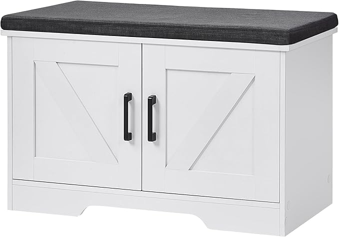 2-Tier Storage Bench, Shoe Bench with Padded Seat Cushion, Entryway Bench with 2 Barn Doors, Adjustable Shelf, 13.8" D x 27.6" W x 17.7" H, for Entryway, Living Room, Bedroom, White-PurrikoPets