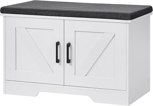 2-Tier Storage Bench, Shoe Bench with Padded Seat Cushion, Entryway Bench with 2 Barn Doors, Adjustable Shelf, 13.8" D x 27.6" W x 17.7" H, for Entryway, Living Room, Bedroom, White-PurrikoPets