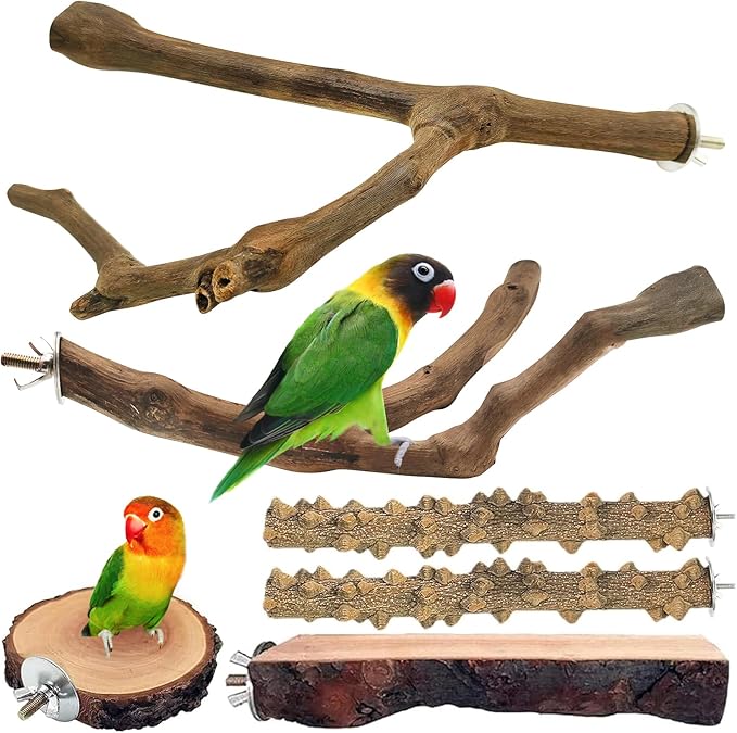 6Pcs Natural Wooden Bird Perch Grape Stick Claw Grinding Fork Bird Perching Branch Claw Grinding Stick Parrot Standing Platform Parrot Cage Chewing Accessories for Parrots Lovebirds Parakeets-PurrikoPets