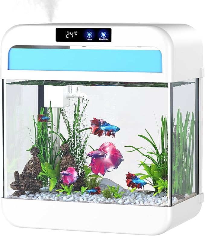 Fish Tank Aquarium 2.2 Gallon with 7 Color Auto-Looping Light, Fish Bowl with Humidifier 3 in 1 Pump - Filteration & Oxygenation & Circulation, Temperature Display, HD Float Glass, Thickened Base-PurrikoPets
