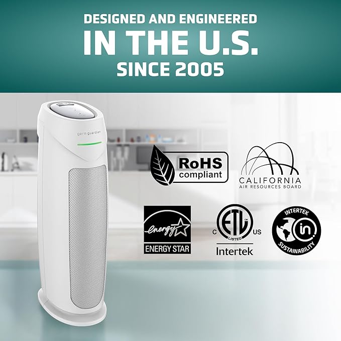 GermGuardian Air Purifier for Home, for Wildfire Smoke, Pets, Pollen, Odor, Mold Spores, Large Rooms Up to 743 Sq. Ft., with HEPA Pure Air Filter, UV-C Light, Air Quality Sensor, 22", AC4880W, White-PurrikoPets