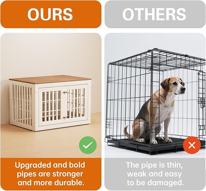 42" Heavy Duty Dog Crate Furniture for Small,Medium and Large Dogs,Rustic Wooden Dog Cage Kennel Indoor Furniture with Waterproof Top,Decorative Pet House Side End Table (White & Wood)-PurrikoPets