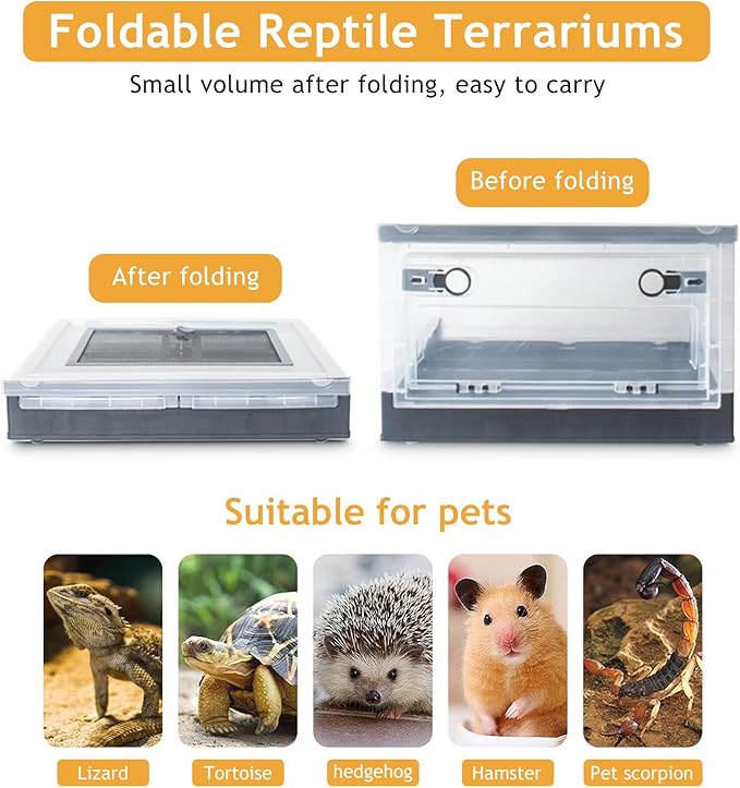 Foldable Reptile Terrariums Kits with Plant, Feeding Bowl, Carpet, Easy to Carry, Easy to Move with Wheels, Heat-Resistant Material, Suitable for Lizard Tortoise Leopard Gecko (Black)-PurrikoPets