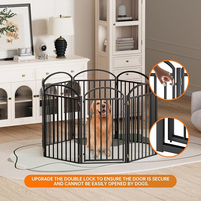 8 Panles Full Matel Freestanding Dog Gates with Door, 192"Extra Wide 36"Tall Free Standing Dog Pet Gate for Indoor & Outdoor. Foldable Pet Fences for Doorways, House, Stairs, Porch, Deck, Yard-PurrikoPets