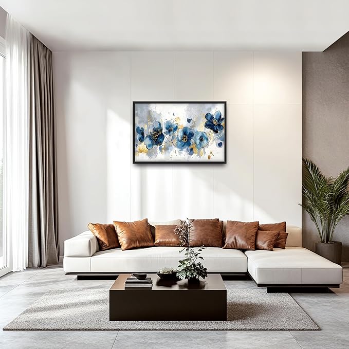 Extra Large Framed Abstract Blue Flower Wall Art,Oversized Golden Grey Floral Wall Decor Pictures for Living Room,Canvas Print Painting Modern Artwork Bedroom Office Bathroom Home Decor 36L" x 24W"-PurrikoPets