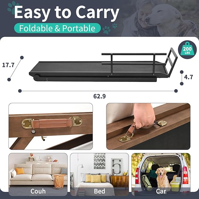 Dog Ramp, 5 Level Adjustable Height Folding Pet Ramp for High Bed, Portable Paw Ramps Large Bed Ramp for Medium & Large Old Dogs & Cats - Natural Wood Furniture Quality-PurrikoPets