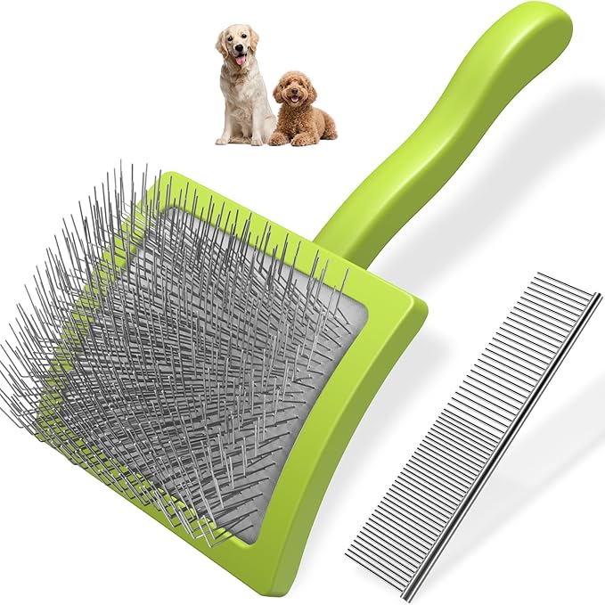 2PCS Slicker Brush for Dogs & Pet Comb,Professional Dog Grooming Brush (Goldendoodles,Poodles,Labradoodles) with Extra Long Pins to Effectively Remove Tangles, Knots and Mats (Green)-PurrikoPets