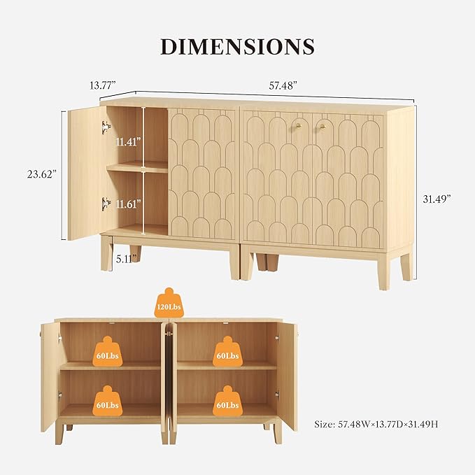 Farmhouse Storage Cabinet, Modern Buffet Sideboard with Doors, Fish Scale Pattern, Boho Cabinet for Dining Room, Natural, 2 Pieces-PurrikoPets