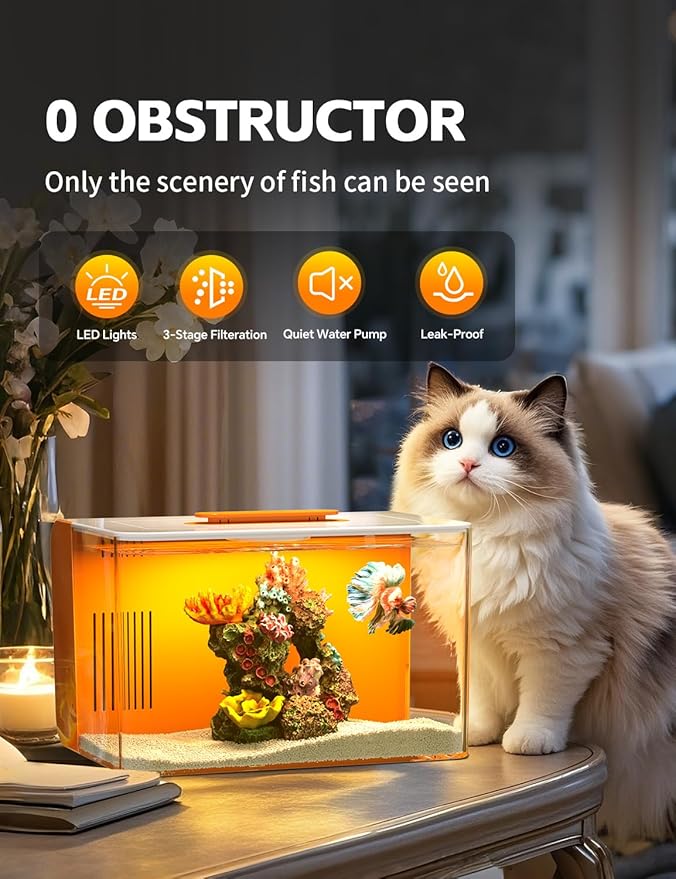 2.5 Gallon Fish Tank Small Aquarium Starter Kit with Hidden Filtration, 3 Color Light, Self Cleaning Nano Tank for Betta, Shrimp, Guppy, Angelfish-PurrikoPets