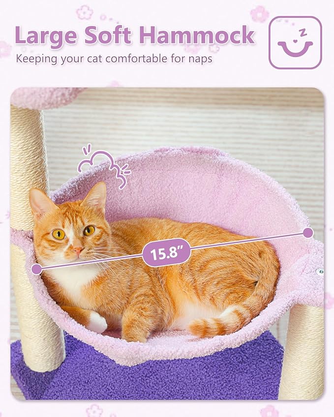 Flower Cat Scratching Post, 28" Cute Cat Tree Tower for Indoor Cats with Large Hammock Soft Perch Bed, Replaceable Toy Ball for Kittens, Purple-PurrikoPets