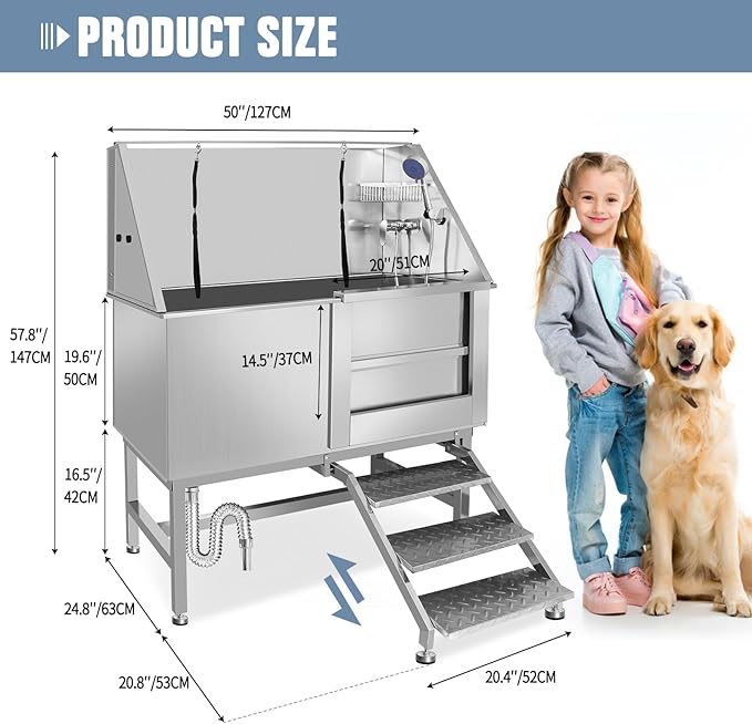 Dog Washing Station 38'' Stainless Steel Pet Grooming Tub for Large Dogs Over-Size Professional Dog Grooming Bathtub Station Wash Shower Sink Pet Grooming Bathtub Station-PurrikoPets
