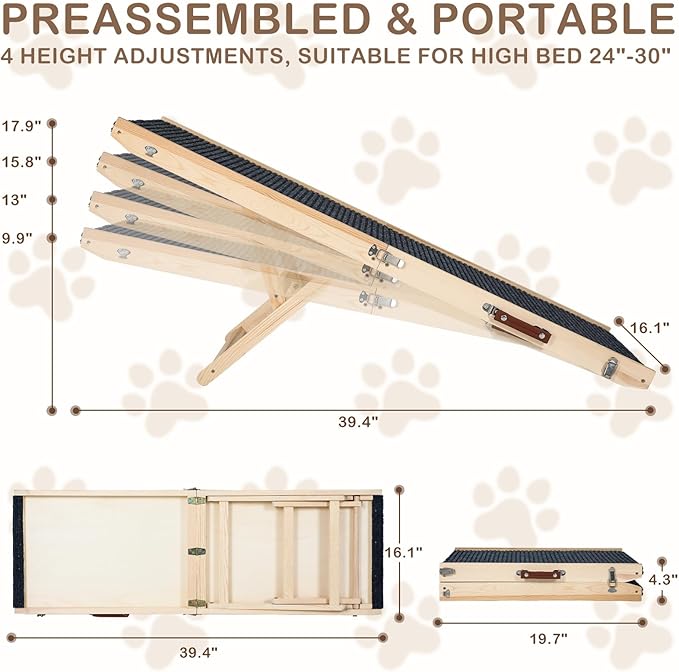 Foldable Dog Ramp for Bed, 4 Adjustable Portable Pet Ramps, 40" Long Pet Ramp for Small Dogs, for High Beds, Dog Step for Large Dogs Stairs for Car, Couch-PurrikoPets
