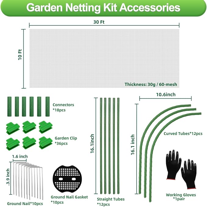Garden Netting Kit, 10X30 Ft Garden Ultra Fine Mesh Net Bird Barrier Protection with Garden Hoops for Protect Garden Vegetables Flowers Shrubs Fruit Trees Indoors & Outdoors Plant Beds Greenhouse-PurrikoPets