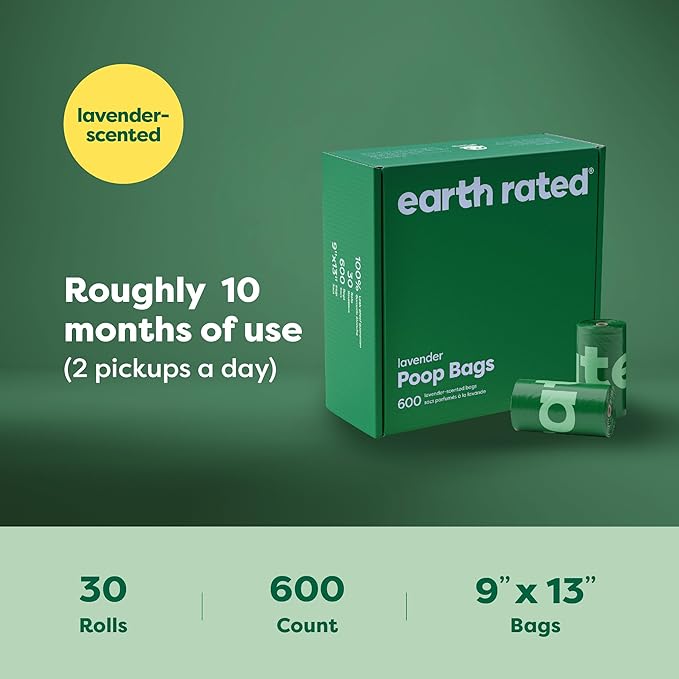 Earth Rated Dog Poop Bags Value Pack, Leak-Proof and Extra-Thick Pet Waste Bag for Big and Small Dogs, Refill Rolls, Lavender Scented, 600 Count-PurrikoPets