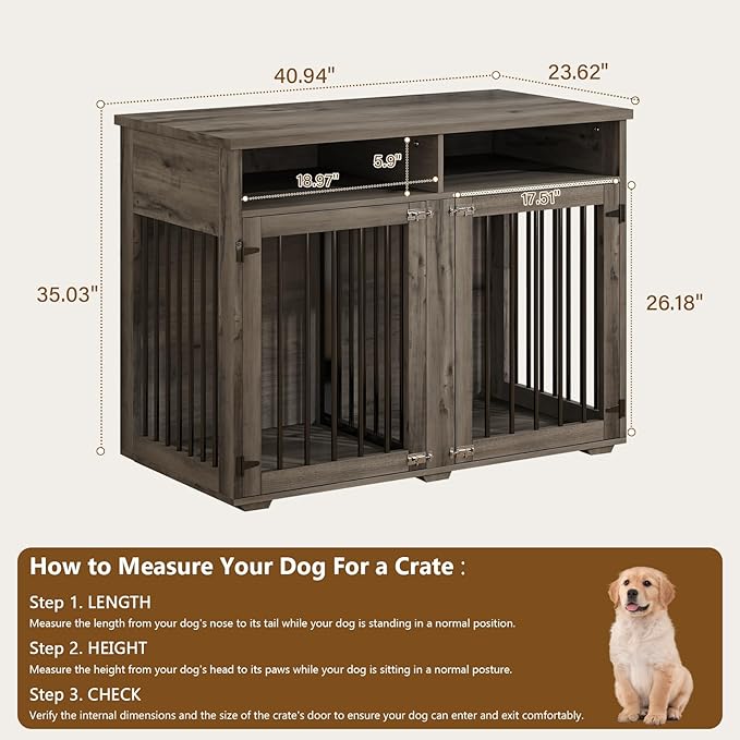 Furniture Dog Crate for 2 Dogs, 41 Inch Dog Kennel Furniture with Removable Divider and Shelf Storage, Wooden Dog Crate for Small/Medium Dogs, Grey-PurrikoPets